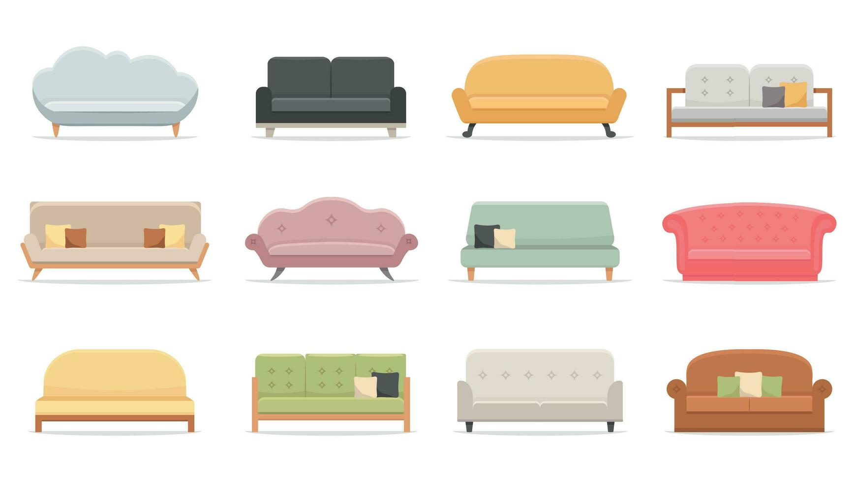 Comfortable sofas. Luxury couch for apartment, comfort sofa models and modern house sofas flat vector illustration set