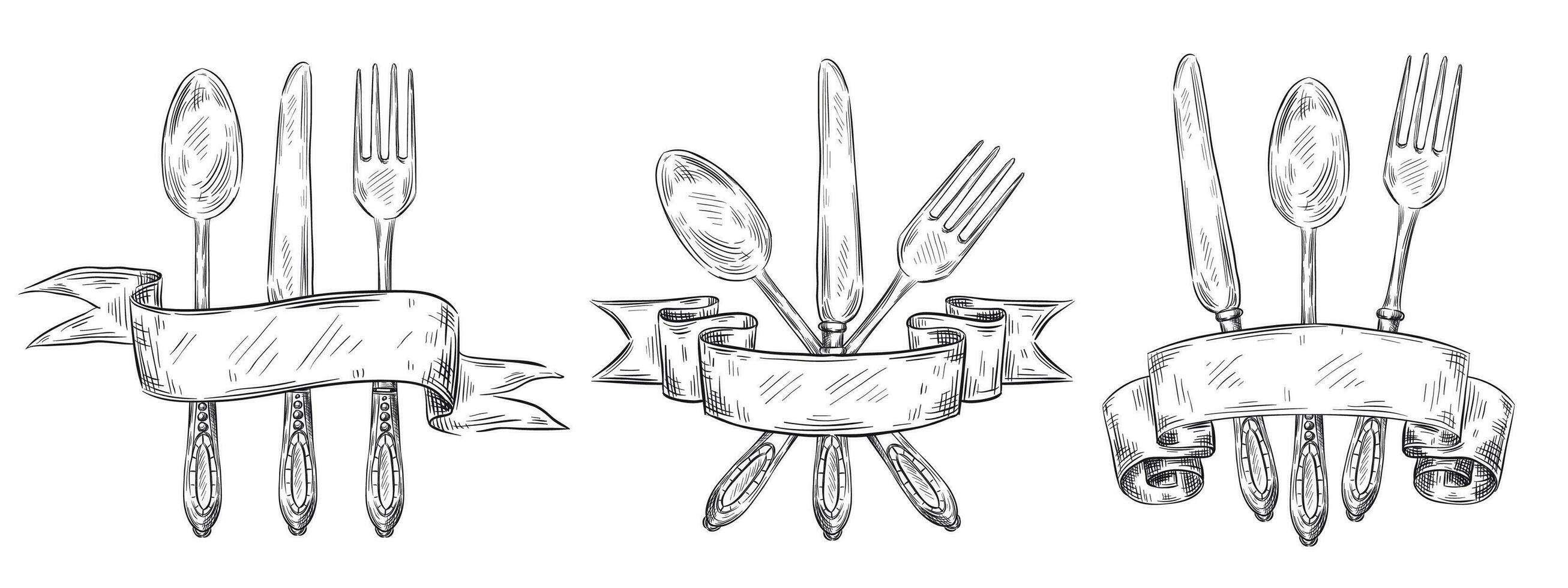 Cutlery with ribbon. Vintage table setting engraving, hand drawn fork, knife and food spoon sketch vector illustration set