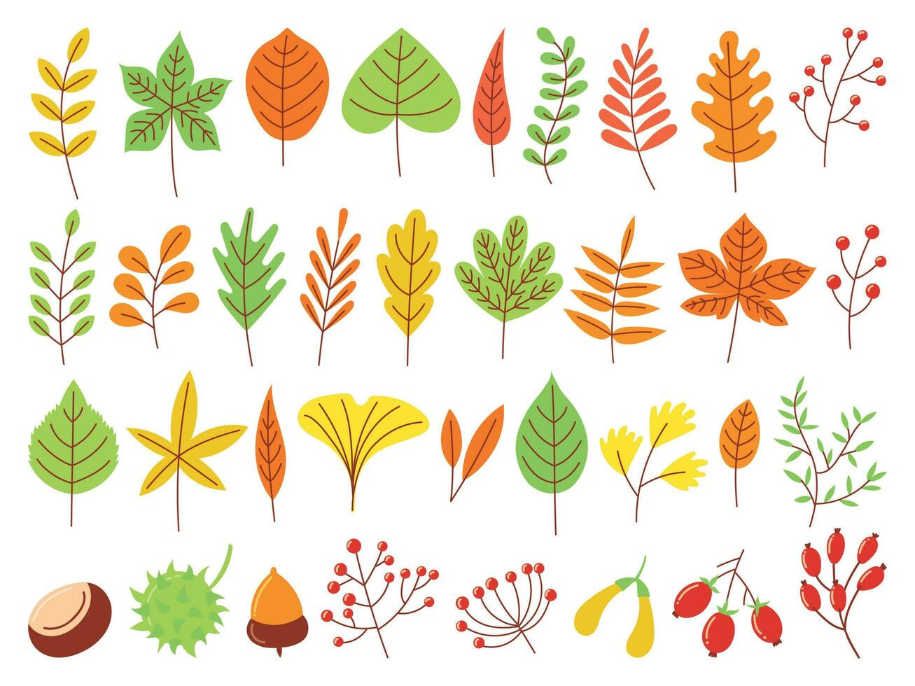 Colorful autumn leaves. Autumnal yellow leaf, forest nature orange leafage and september red leaves flat vector set