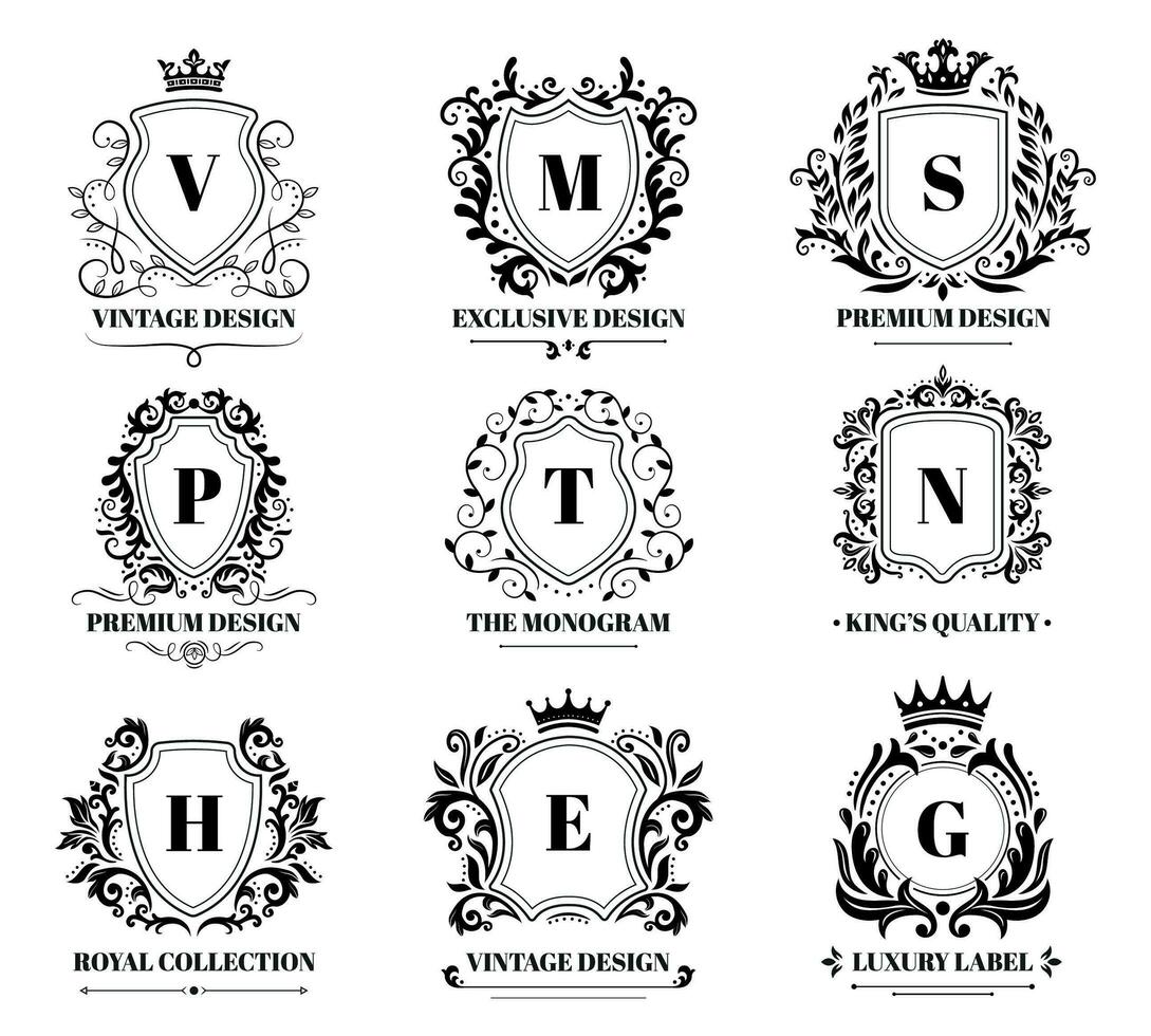 Royal shields badges. Vintage ornament luxury logo frame, retro ornamental shield sign and decorative ornaments badge vector set