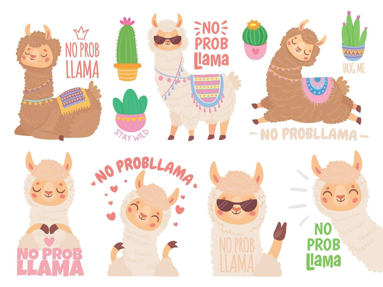 No problema llama. frio llamas tener No problemas, fauna silvestre animales No problema citar ilustración vector colocar. gracioso lama pegatinas con positivo citas. adorable mamíferos despreocupado estilo de vida refranes paquete