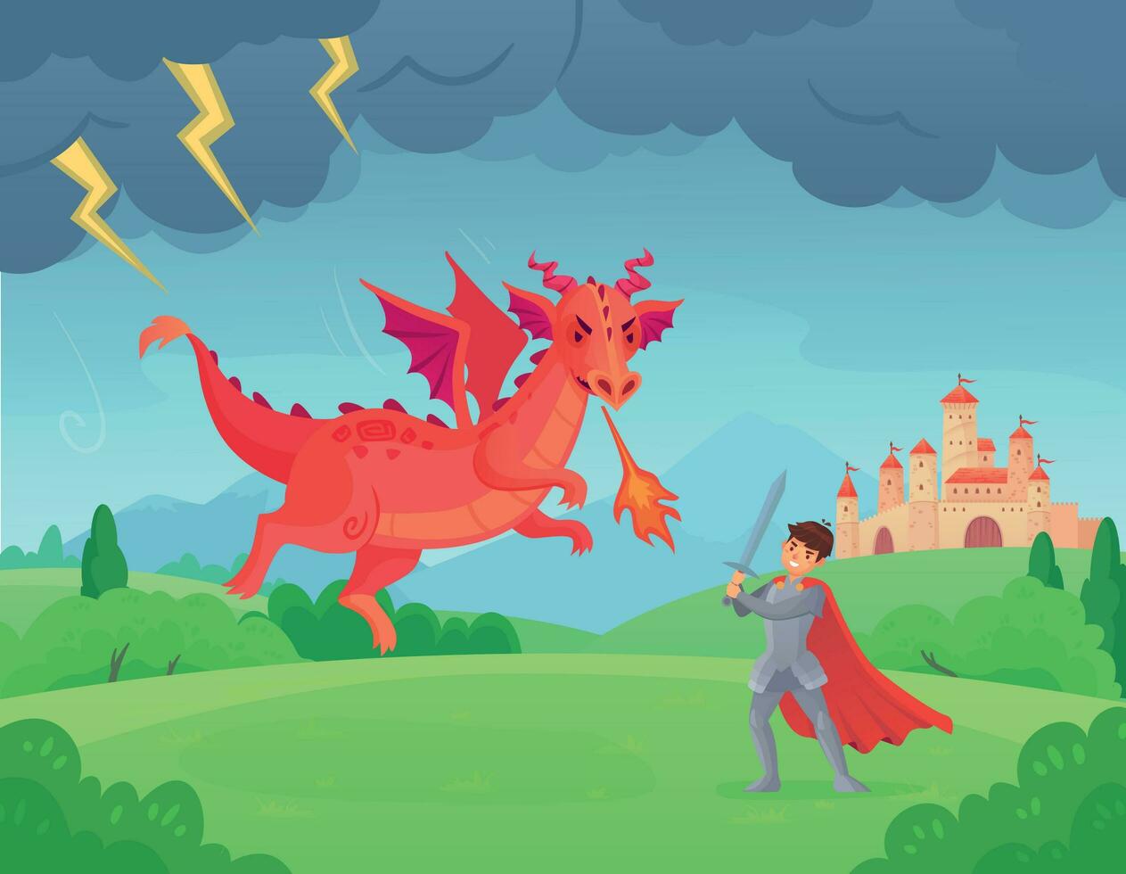 Cartoon fairytale knight fights dragon. Swordsman fighting evil monster, hero battle with dragons medieval legend vector illustration