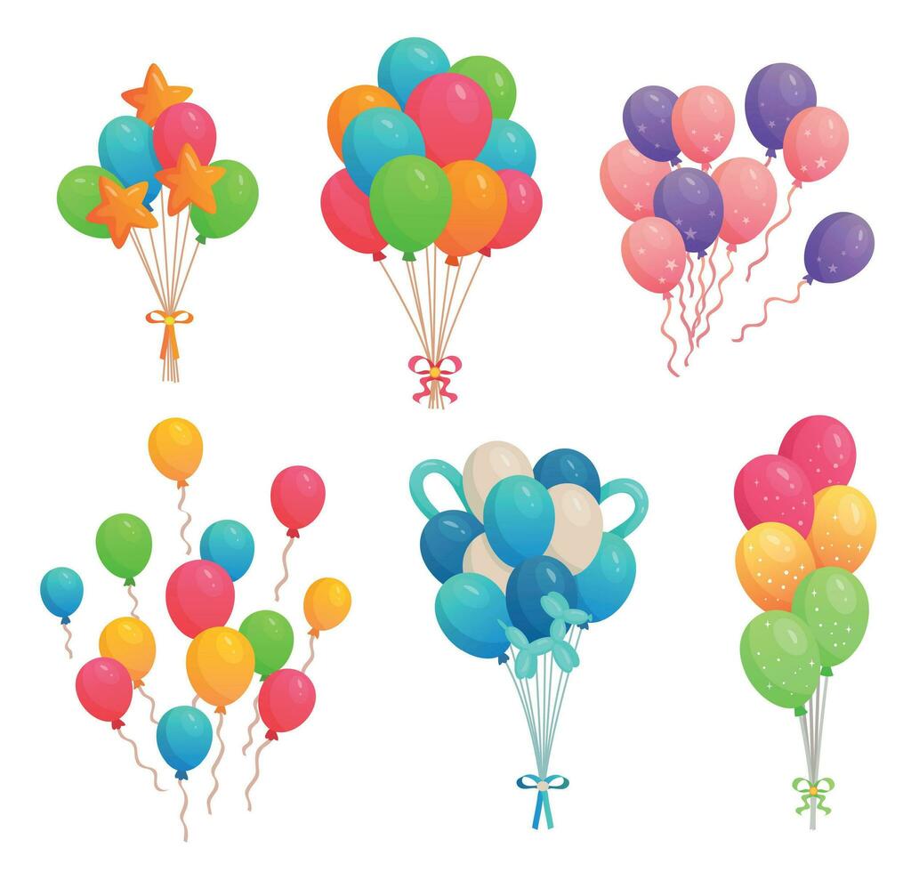 Cartoon birthday balloons. Colorful air balloon, party decoration and flying helium balloons on ribbons vector illustration set