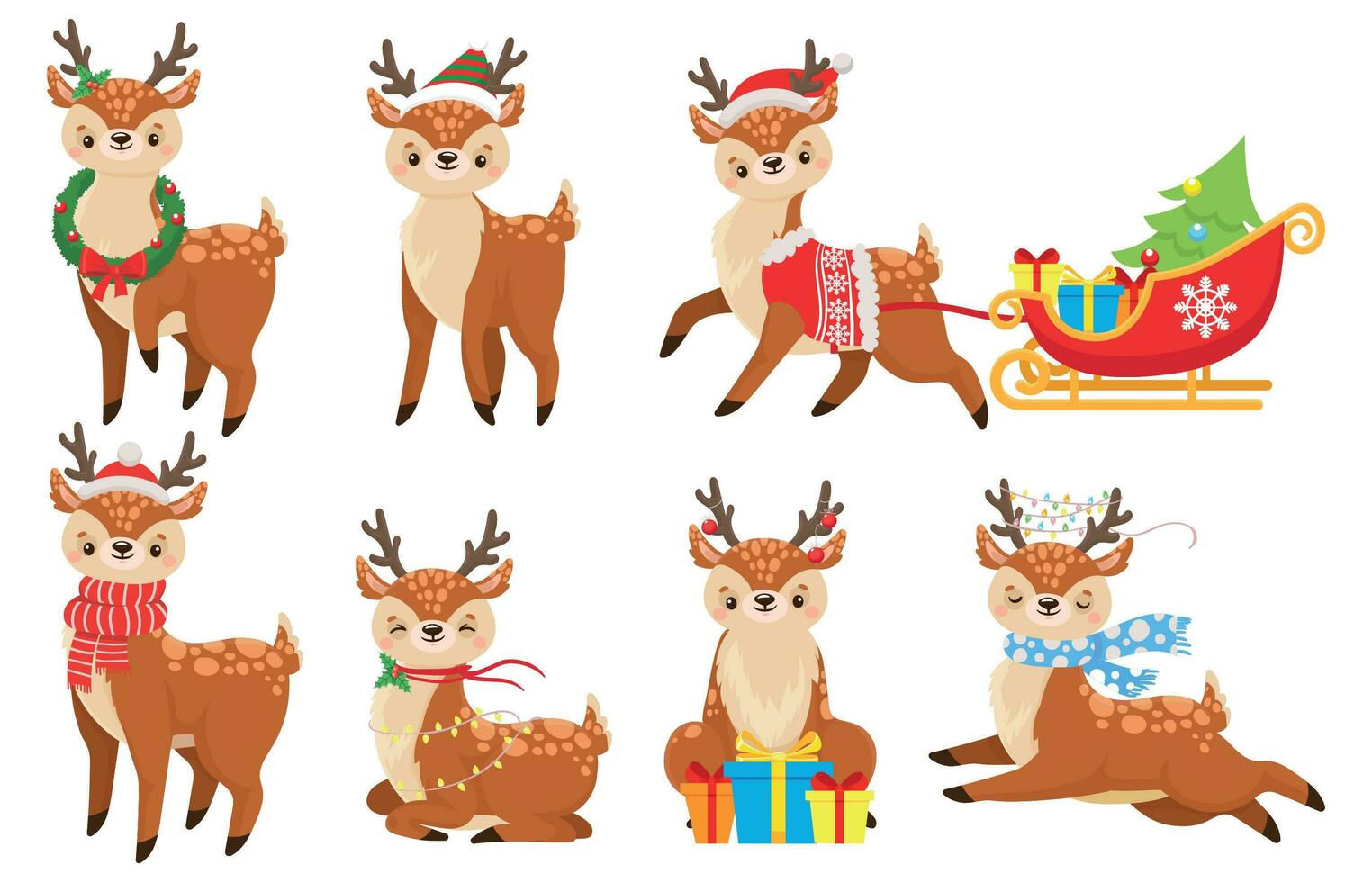 Cartoon christmas deer. Cute fawn in winter scarf, xmas reindeer child and funny deers vector illustration set