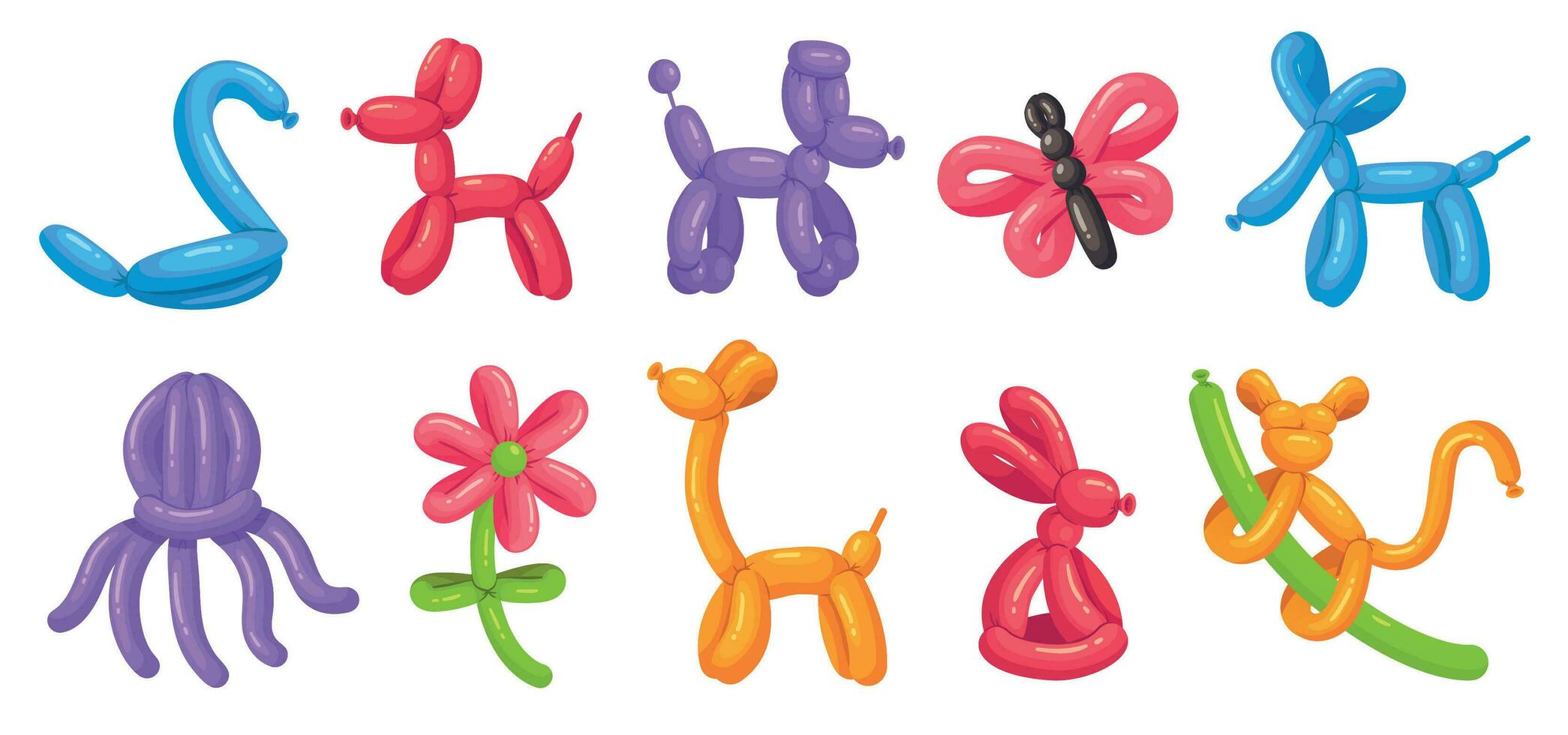 Cartoon balloon animals. Birthday balloons, holiday celebration colorful toy and party animal balloon vector illustration set