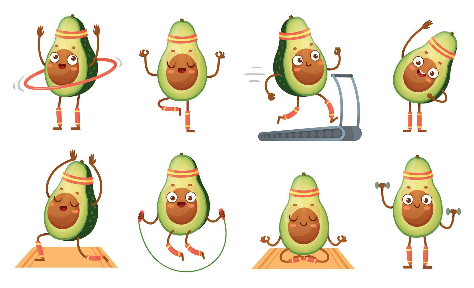 Cartoon avocado character fitness. Funny avocados in yoga poses, gym cardio and vegetarian sport food mascot vector illustration set
