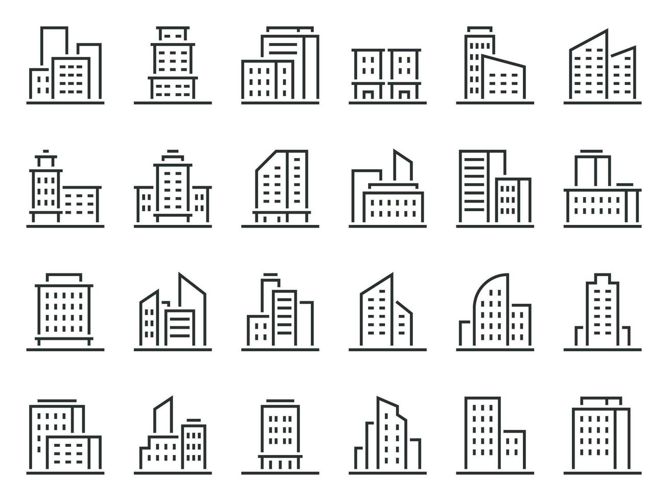 Line building icons. Hotel companies business icon, city buildings and town symbol vector set. Urban architecture, residential buildings and skyscrapers linear pictograms. Logotype design element