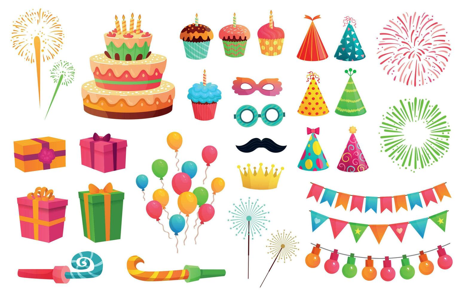 Cartoon party kit. Rocket fireworks, colorful balloons and birthday gifts. Carnival masks and sweet cupcakes vector illustration set