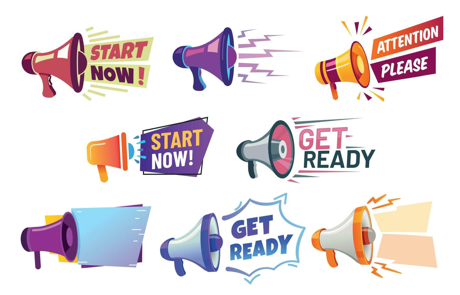 Advertising banners with megaphone. Get ready badge speaker, attention please and start now banner vector set