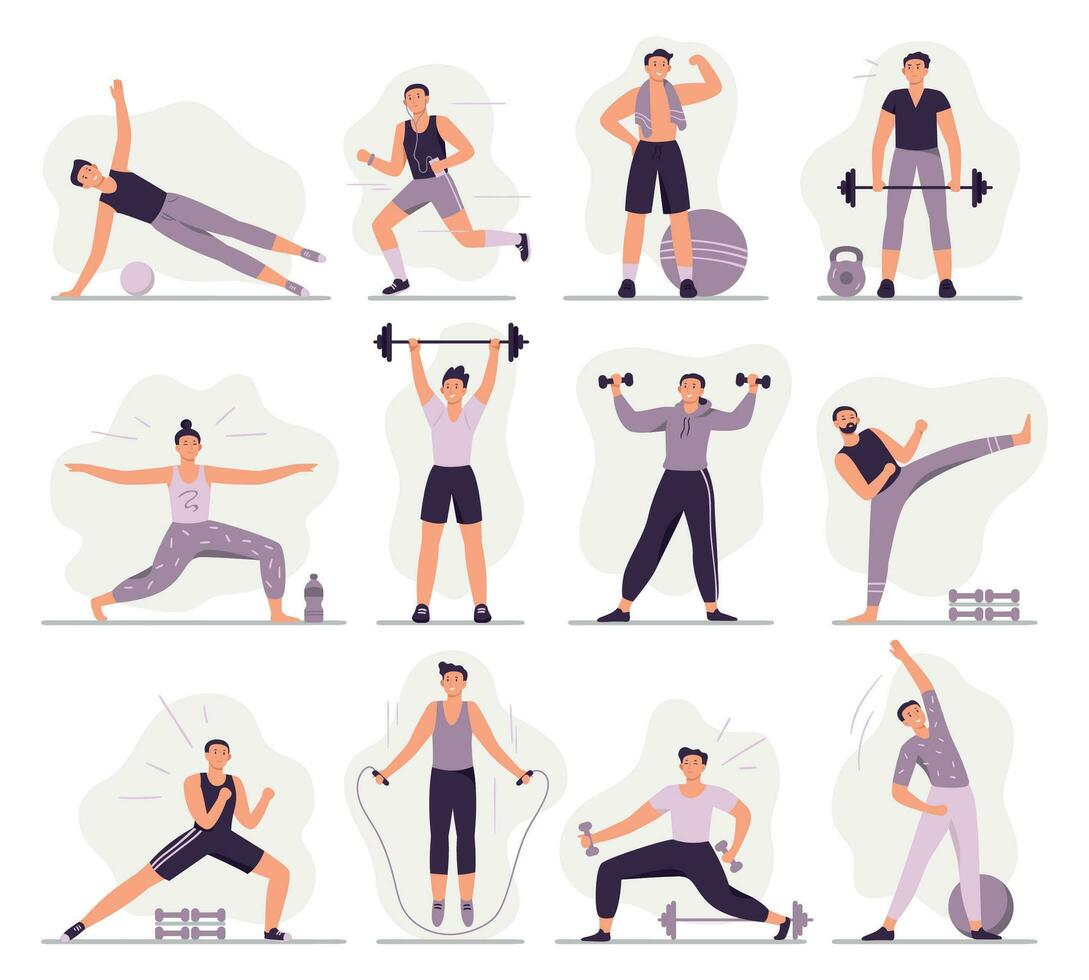 hombre deporte actividades. fuerte chico en deporte atuendo, atlético  hombres entrenamientos y sano masculino rutina de ejercicio vector  ilustración colocar. diferente físico formación ejercicios. extensión,  corriendo y peso levantamiento 24790309