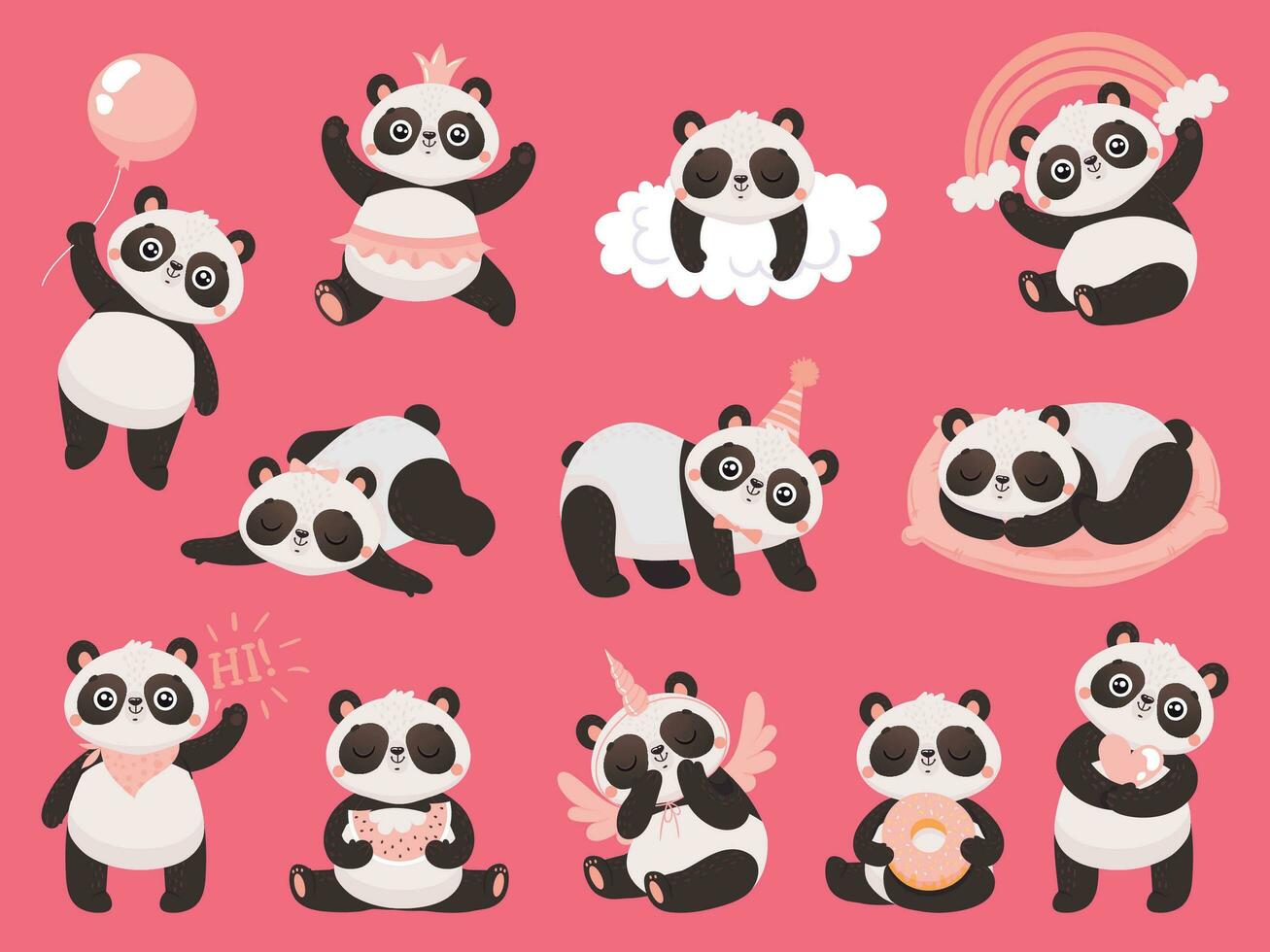 dibujos animados linda panda. pequeño bebé pandas, adorable dormido animales y rosado princesa panda oso vector ilustración conjunto