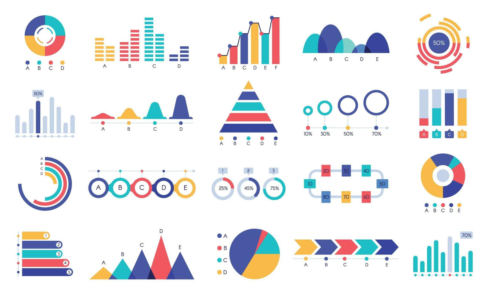 Graphic charts icons. Finance statistic chart, money revenue and profit growth graph. Business presentation graphs flat vector set