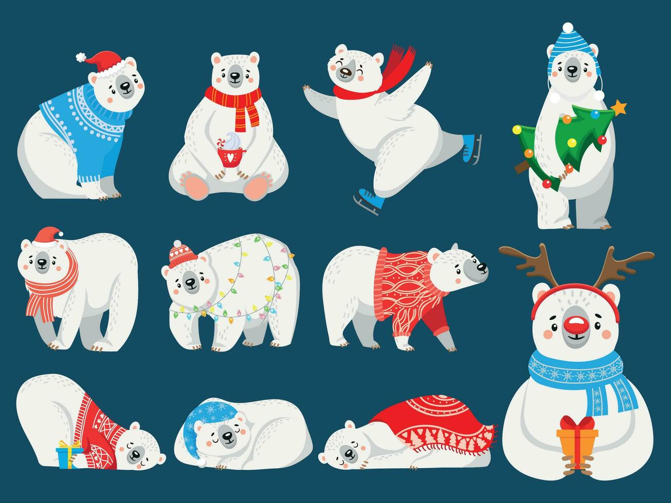 Christmas polar bears. Arctic bear with New Year gifts, happy snow animal in Merry Christmas sweater cartoon vector illustration set