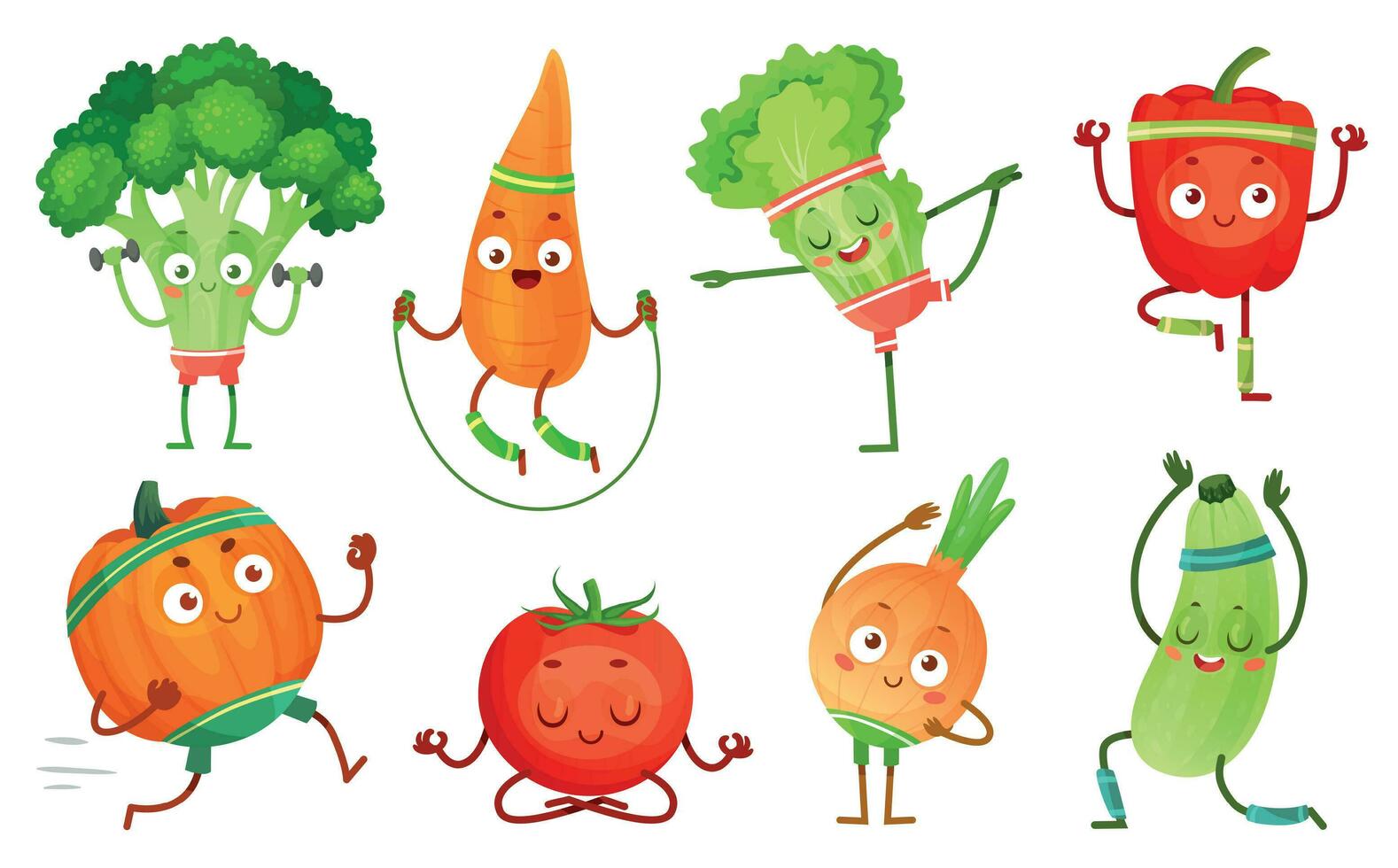 Cartoon vegetables fitness. Vegetable characters workout, healthy yoga exercises food and sport vegetables vector illustration set