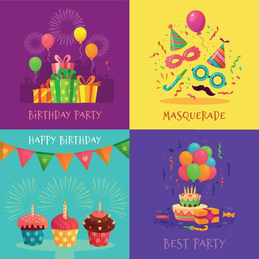 Cartoon party invitation cards. Celebration carnival masks, birthday party decorations and colourful cupcakes vector illustration set