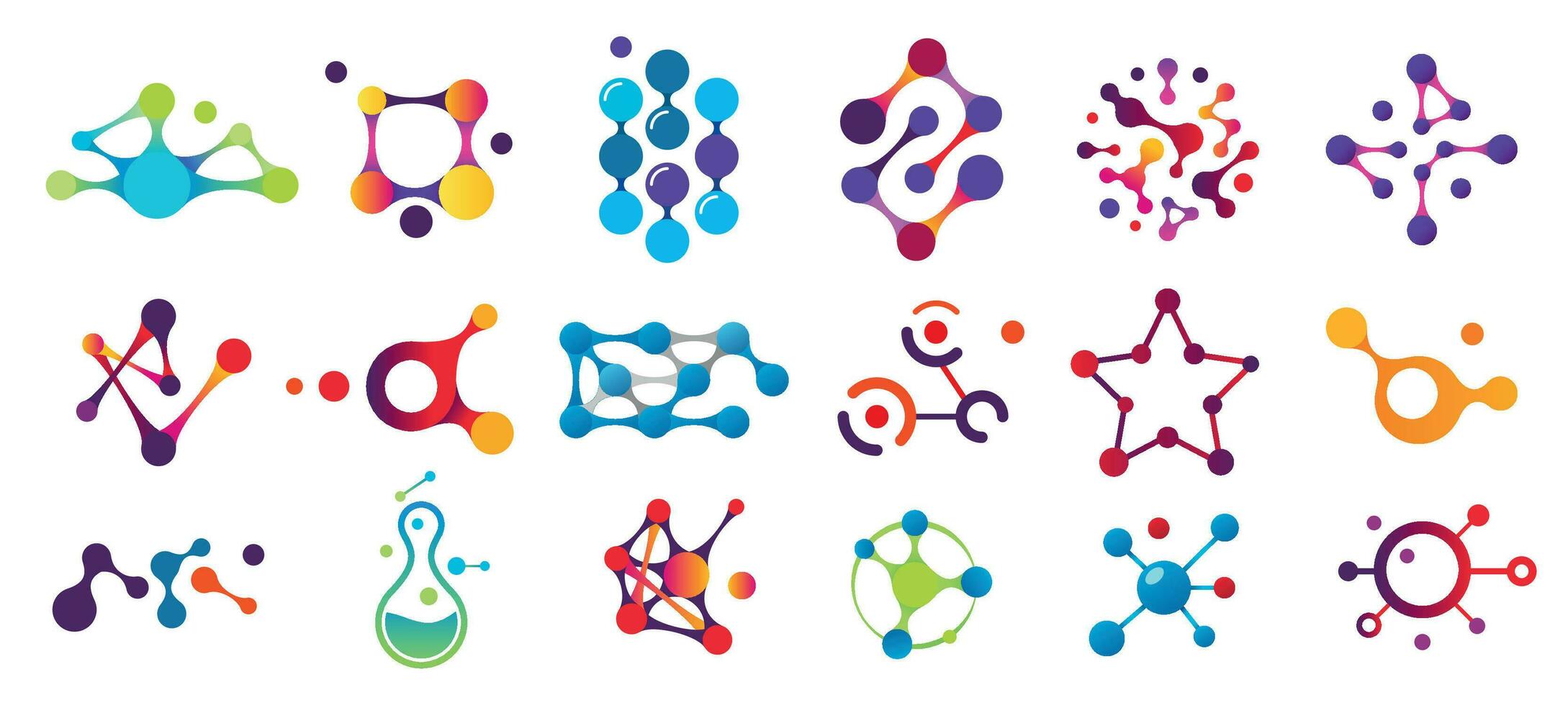 Connected molecules. Molecule connection model, chemistry particle and color molecular structure isolated flat vector set