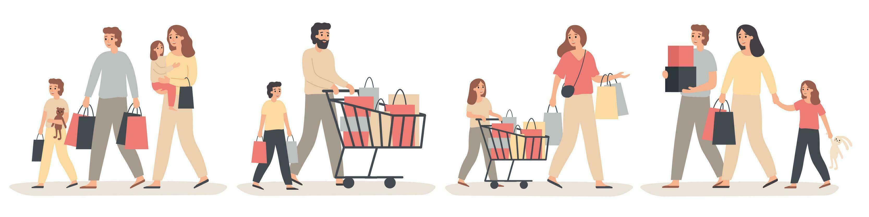 Family shopping. Parents buy gifts for happy kids, young couple with children in store and family sale vector illustration set