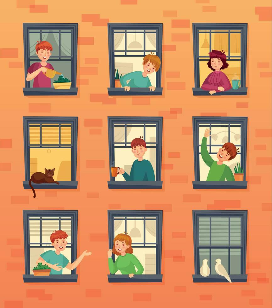 personas en ventanas marcos comunicado vecinos, mirando fuera ventana y urbano residentes dibujos animados vector ilustración