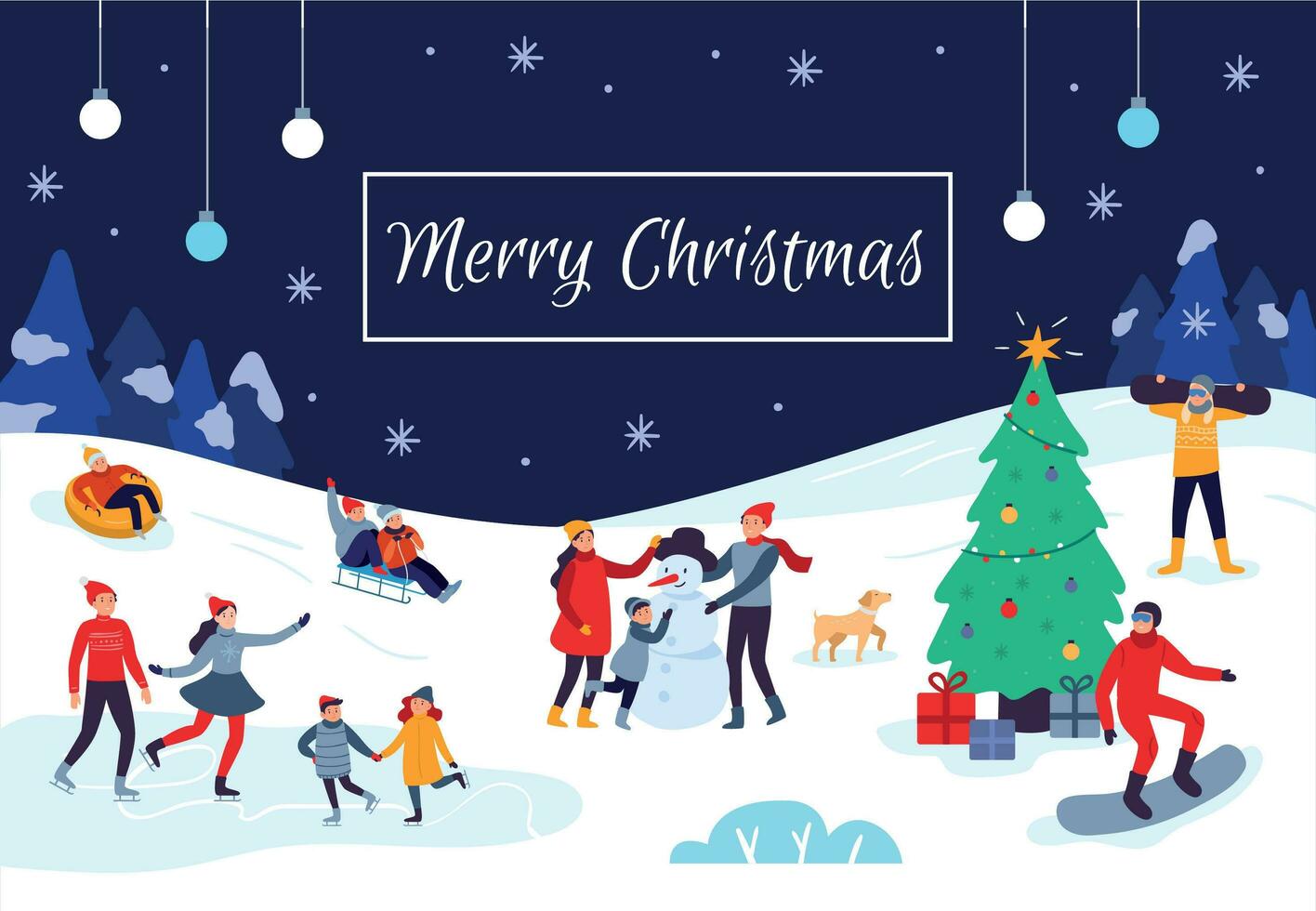 Winter people Merry Christmas card. Snow activities, happy kids make snowman and xmas holiday postcard vector illustration