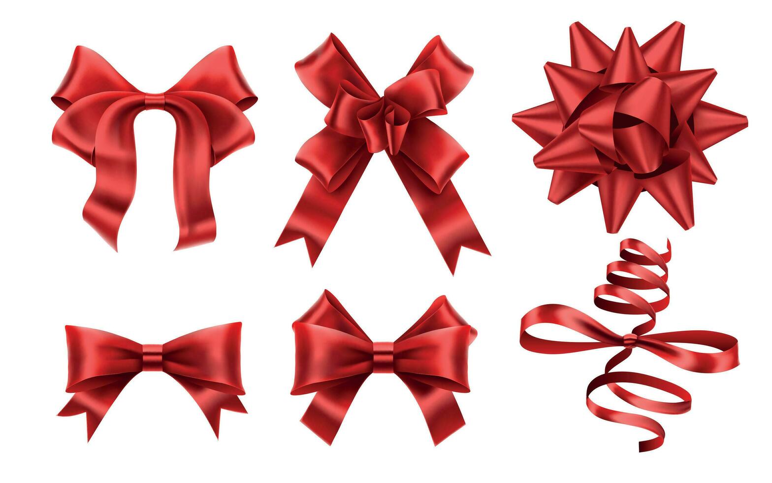 Realistic red bows. Decorative xmas gift ribbon bow, christmas or romance decoration elements vector illustration set