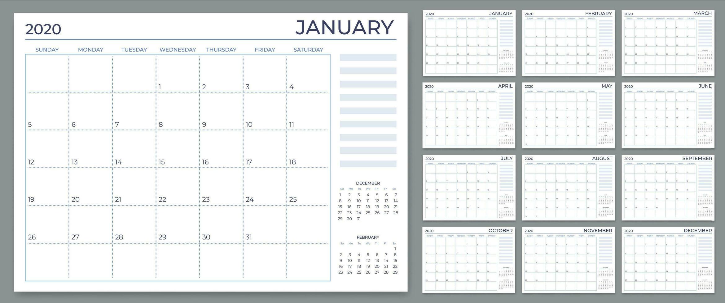 Monthly planner template. Year calendar notes grid, 2020 planners