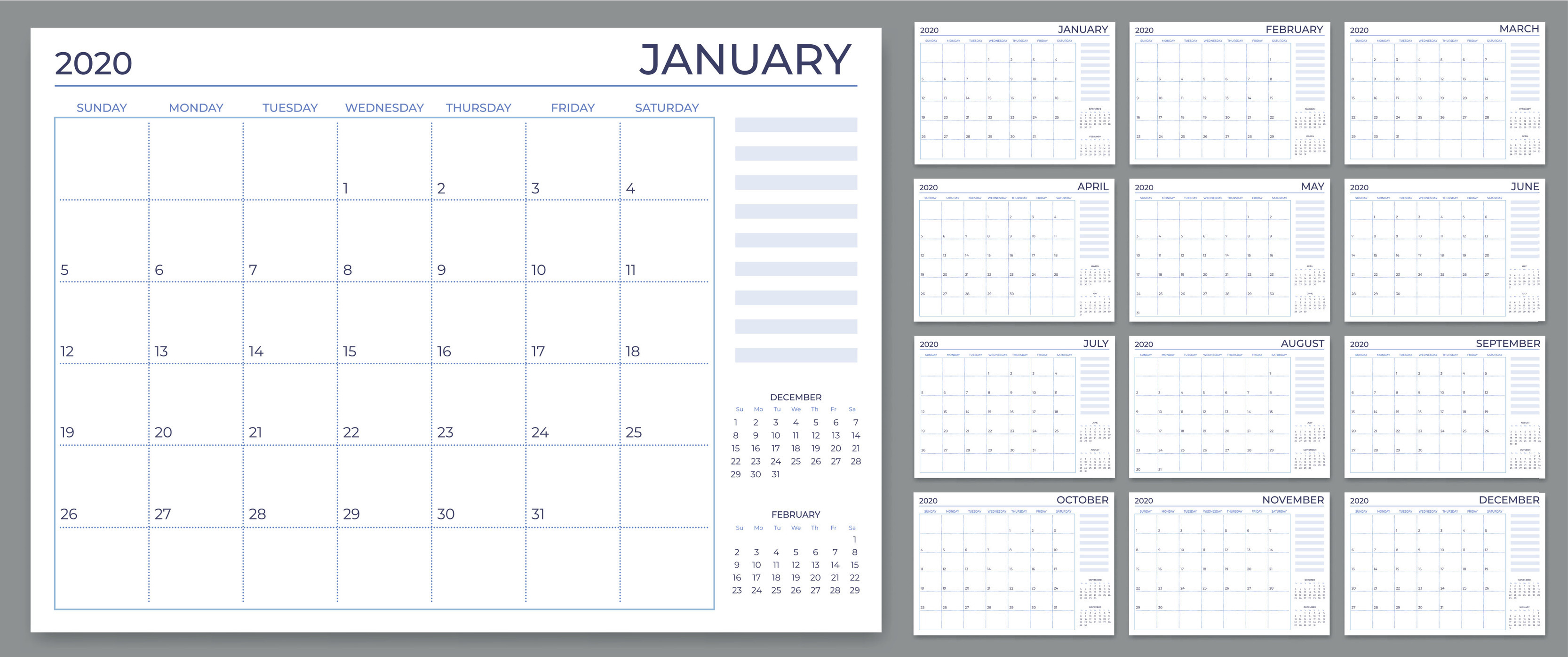 Monthly planner template. Year calendar notes grid, 2020 planners