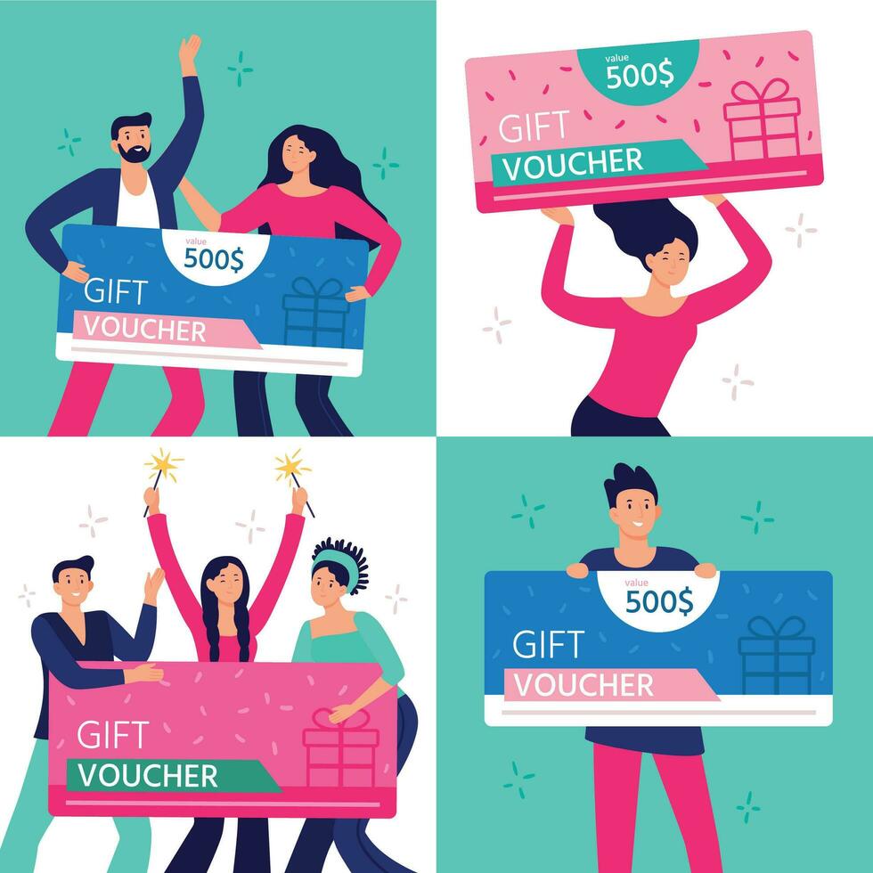 People hold gift coupon. Happy man, woman and couple rejoicing winning and holding gifts certificate. Group of people win gift voucher flat vector illustration