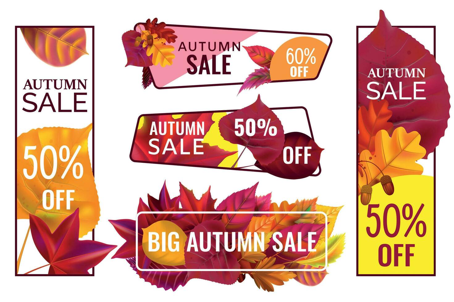 Autumn sale banners. Special discount banner with fallen leaves, season sales autumnal frames and fall price vector set