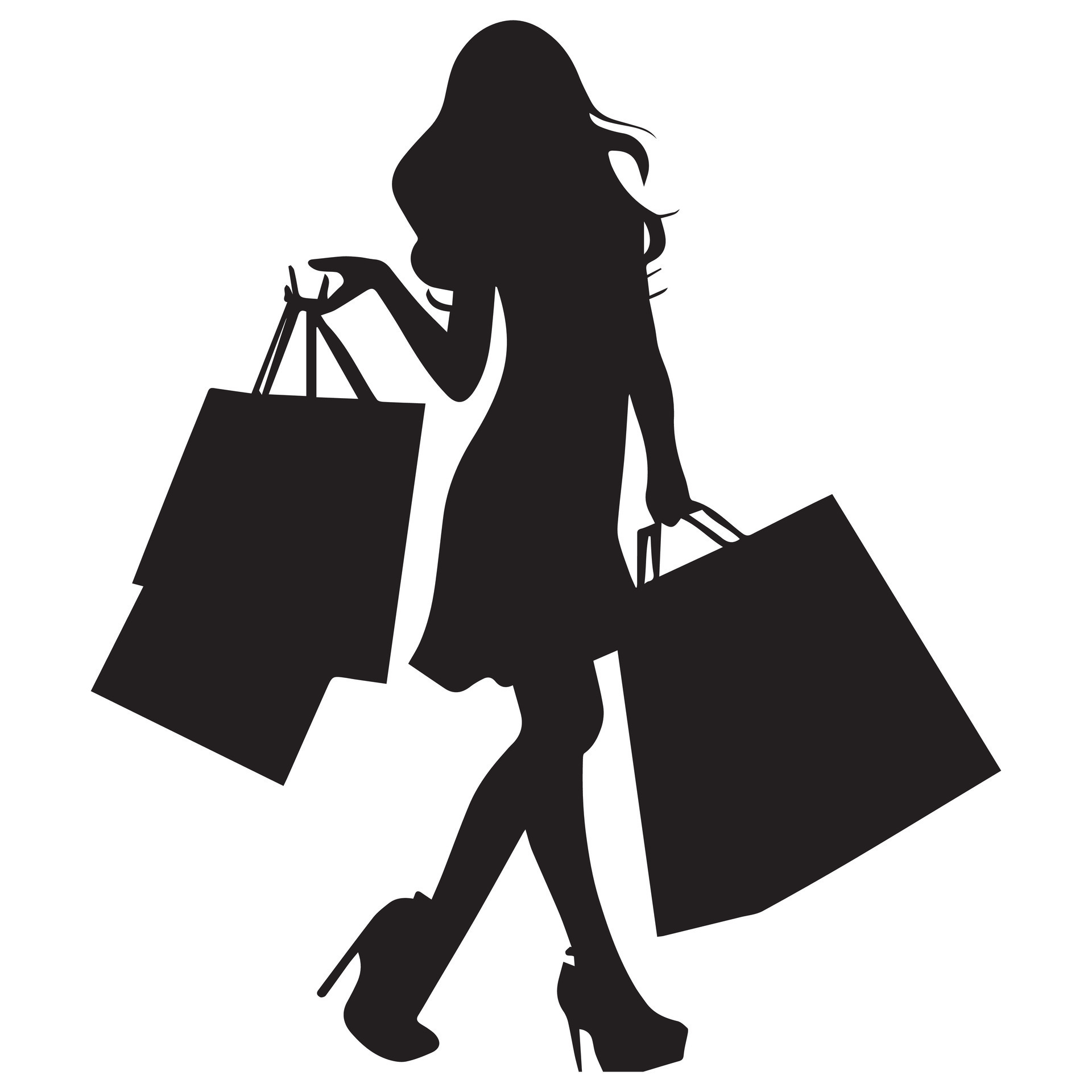 A Happy Shopping Girl With a Lot of Shopping bag vector silhouette ...