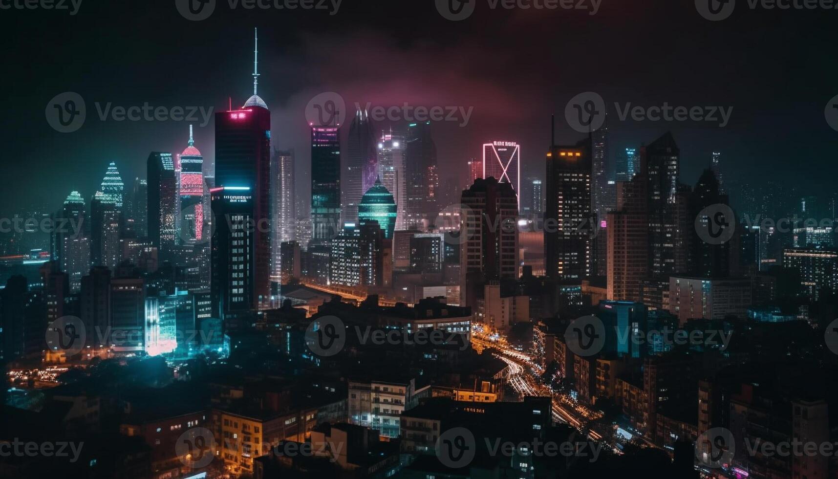 Glowing urban skyline illuminates modern city life generated by AI photo