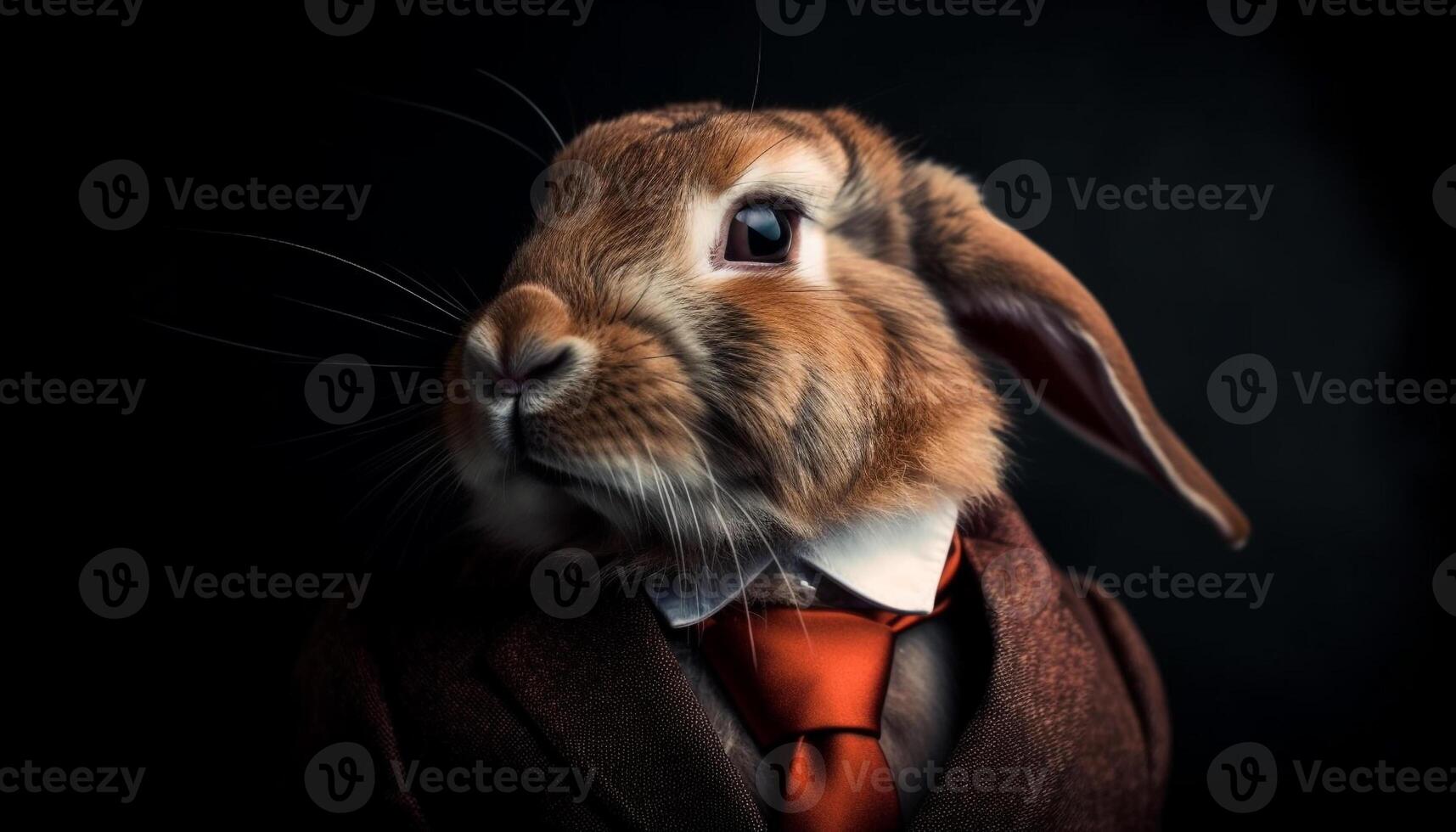 Cute rabbit with confident businessman in suit generated by AI photo