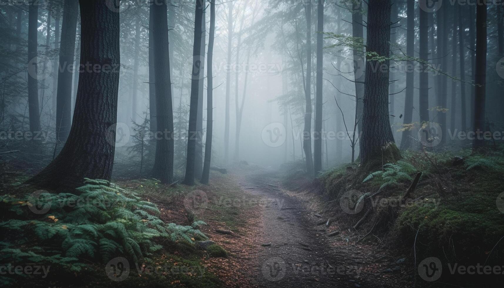 Mystery of the Spooky Forest in Autumn Fog generated by AI photo