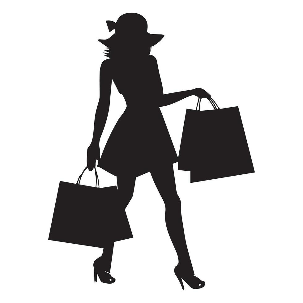 A Happy Shopping Girl With a Lot of Shopping bag vector silhouette.