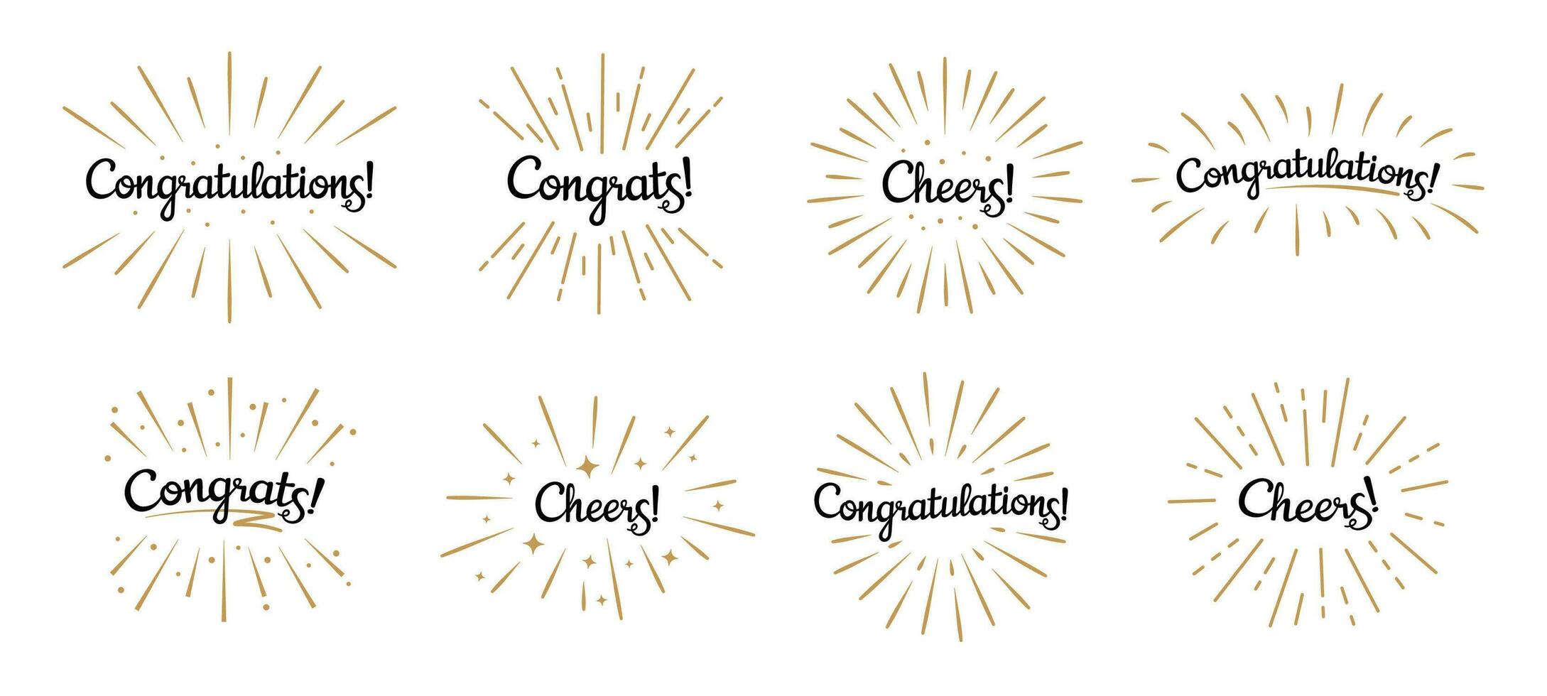 Congratulations lettering. Congrats label, cheers celebration and congratulation text badges with golden burst vector set