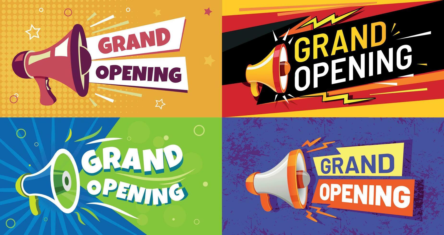 Grand opening banners. Invitation card with megaphone speaker, opened event and opening celebration advertising flyer vector set