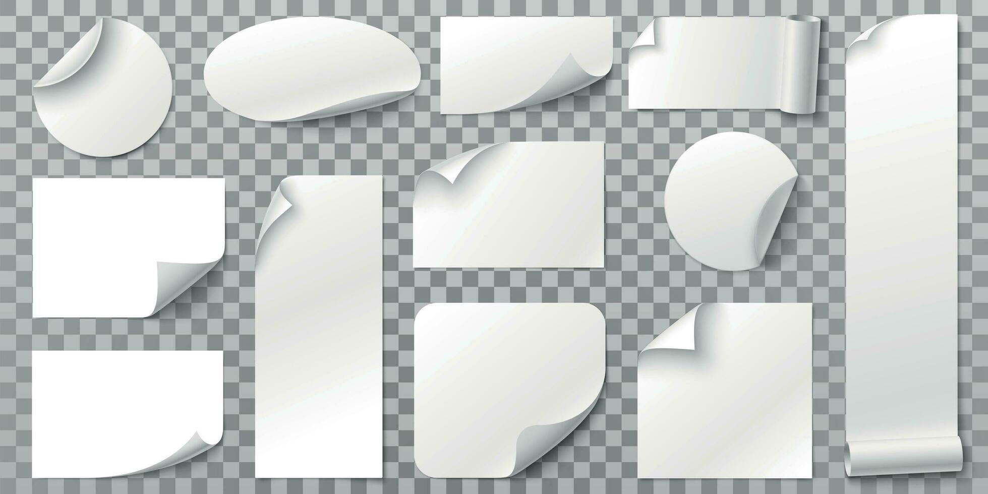 blanco papel pegatinas etiqueta pegatina con rizado esquinas, curva documentos borde y blanco etiqueta 3d vector conjunto