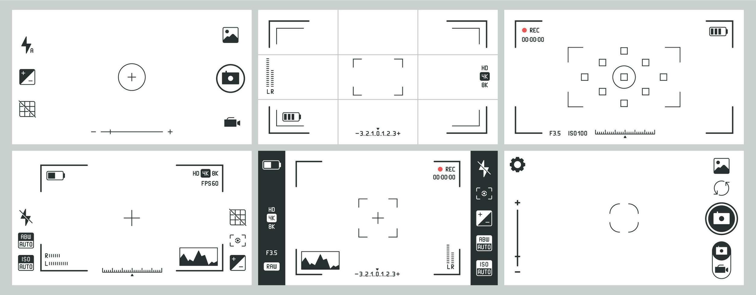 Photo camera viewfinders. Photography ui zoom, adjustment focus frame and digital viewfinder vector set