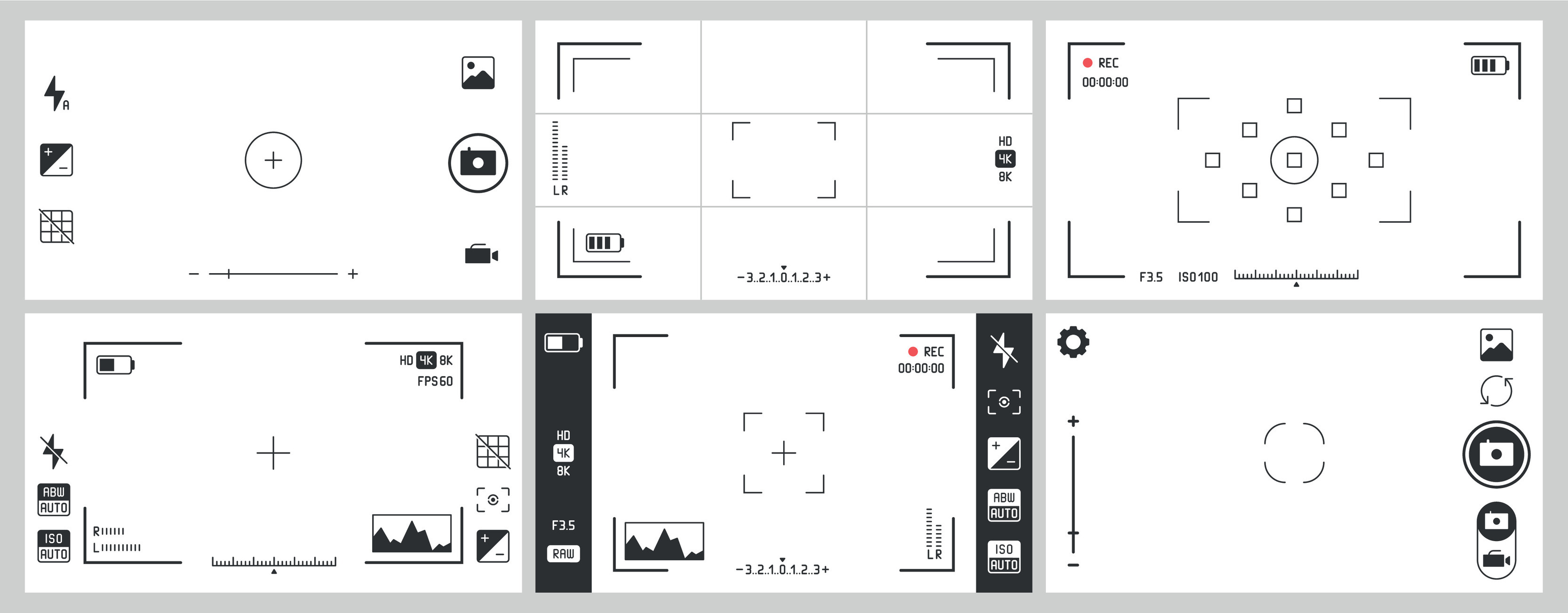 Photo camera viewfinders. Photography ui zoom, adjustment focus frame