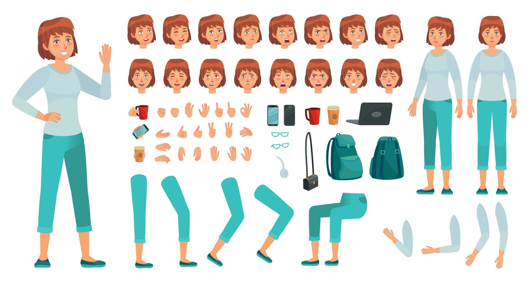 Cartoon female character kit. City in casual clothing woman creation constructor, different hands, legs and body poses vector set