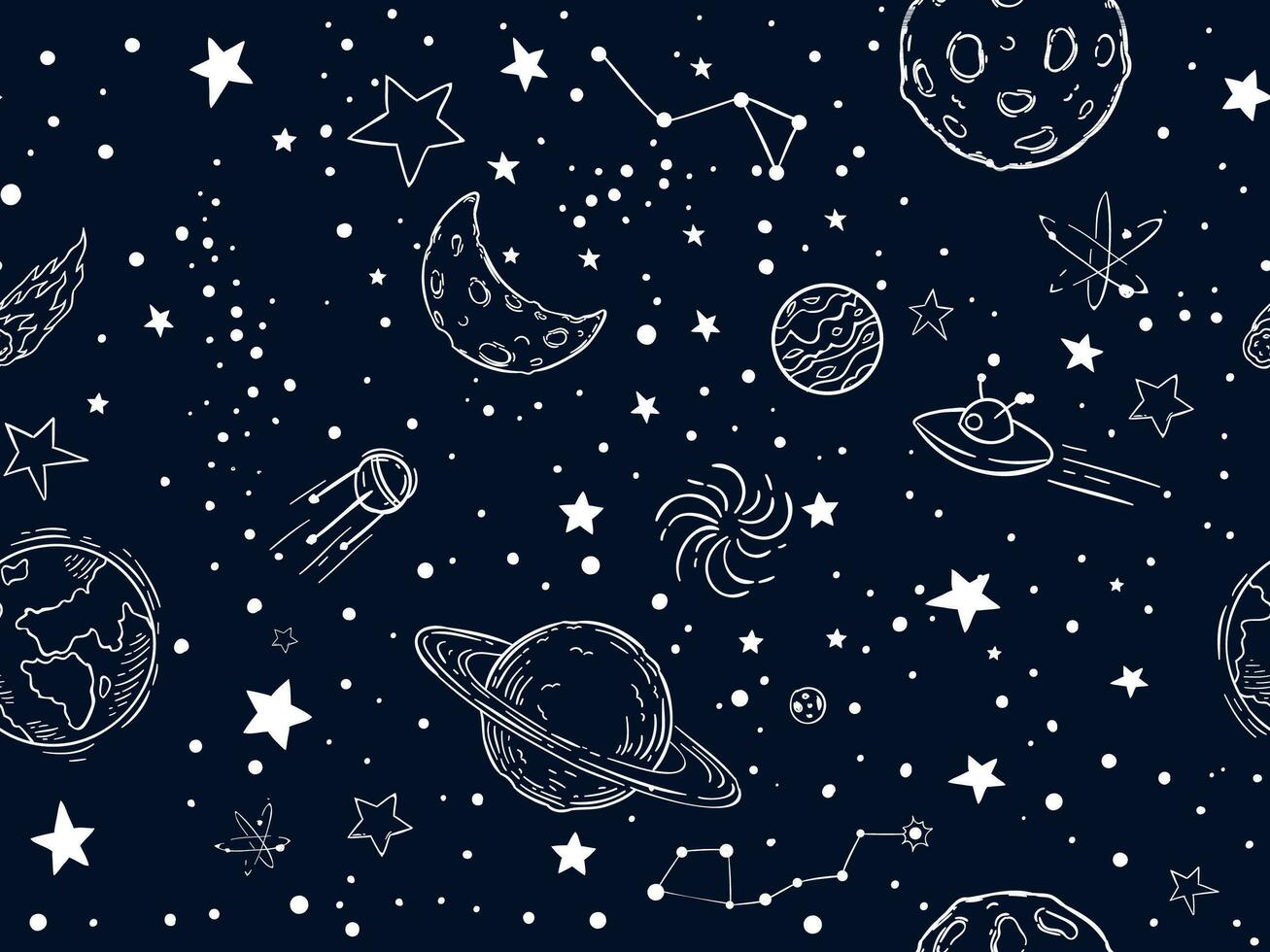 Seamless night sky stars pattern. Sketch moon, space planets and hand drawn star vector illustration. Outer space symbols decorative texture. Cosmic wallpaper, wrapping paper, textile outline design