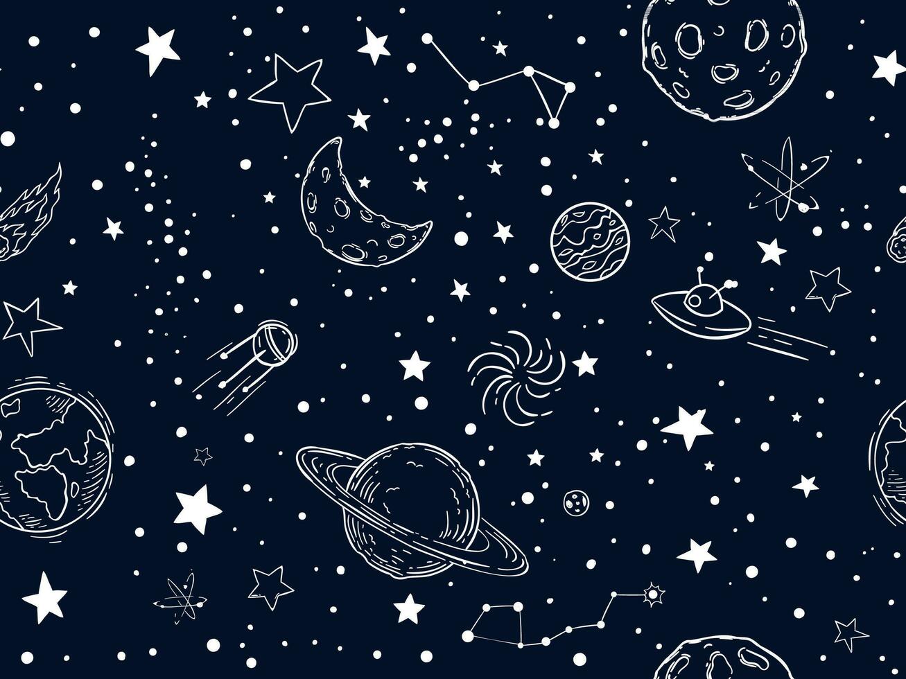 sin costura noche cielo estrellas modelo. bosquejo luna, espacio planetas y mano dibujado estrella vector ilustración. exterior espacio símbolos decorativo textura. cósmico fondo de pantalla, envase papel, textil contorno diseño