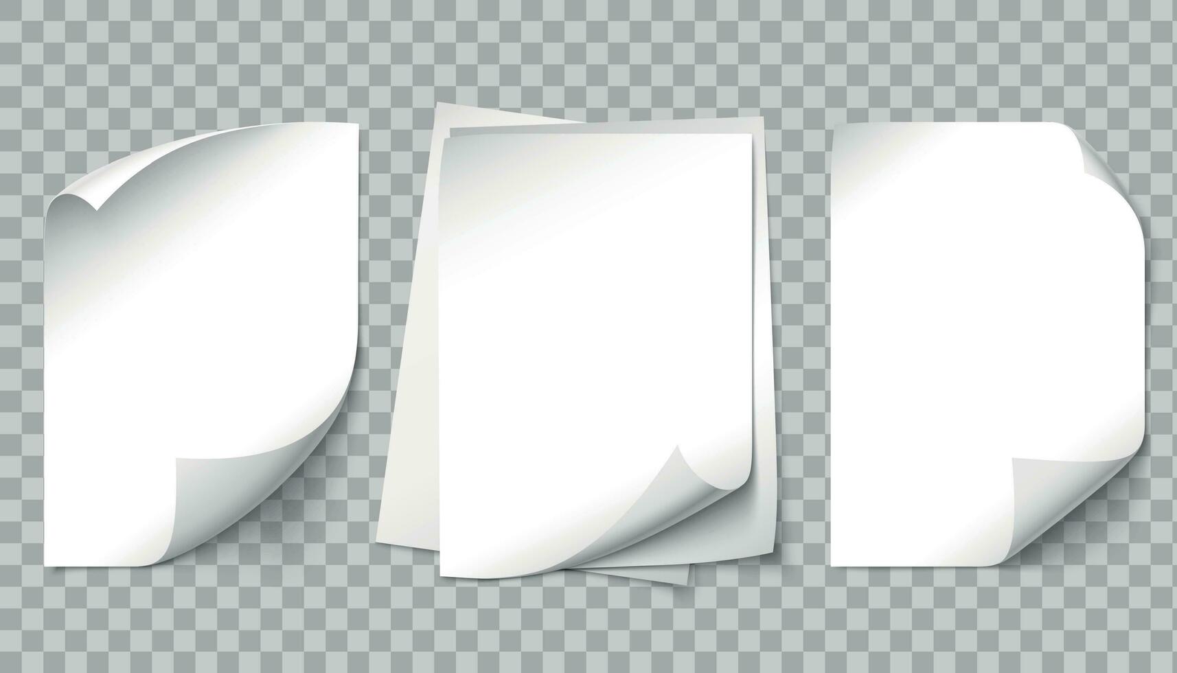 blanco papel página. escritura páginas, a4 sábana rizado esquina y giro documentos hojas 3d modelo vector ilustración conjunto