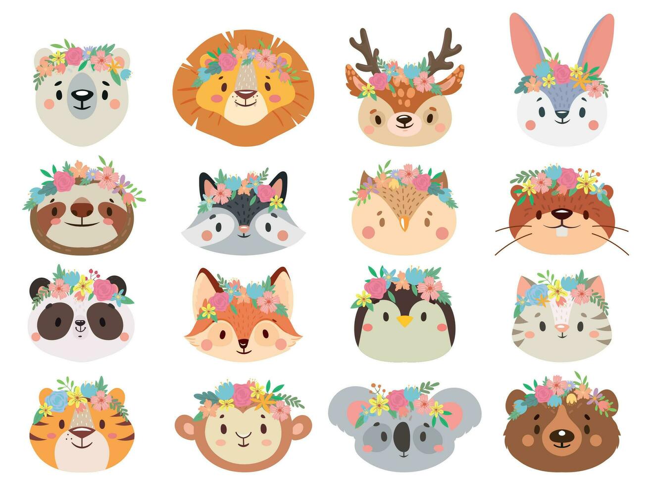 Funny animals in flower wreaths. Happy animal head with flower, fun cat and pet face in wreath vector set