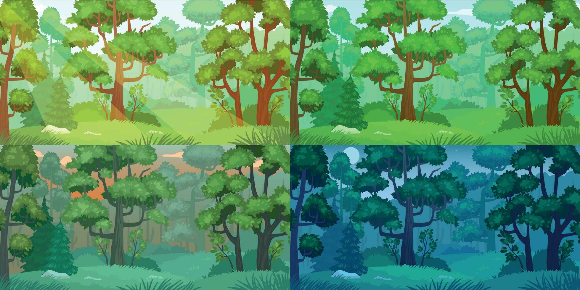 Daytimes forest landscape. Forest trees, sun shining woods and woodland nature day, night, morning and evening landscapes cartoon vector set