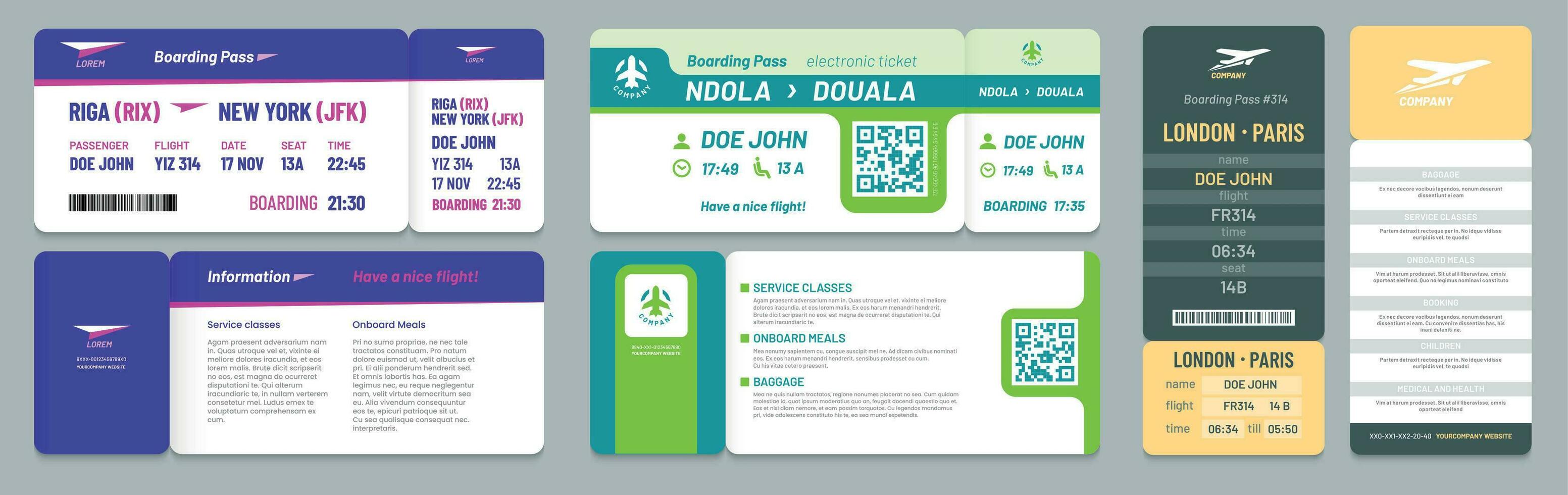 Airline tickets. Airplane boarding pass, travel flight invitation and business airplane trip ticket vector illustration set