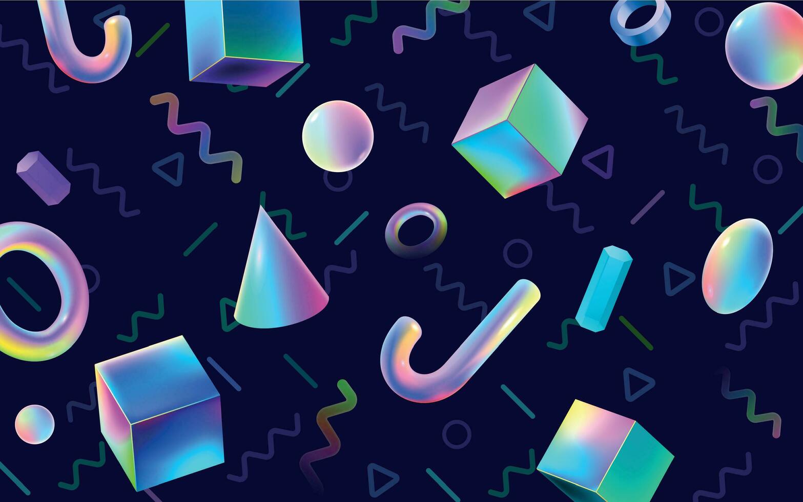Abstract colorful geometric 3D blocks. Holographic gradients VR polygonal shapes, cyberspace art and futuristic 80s memphis vector background