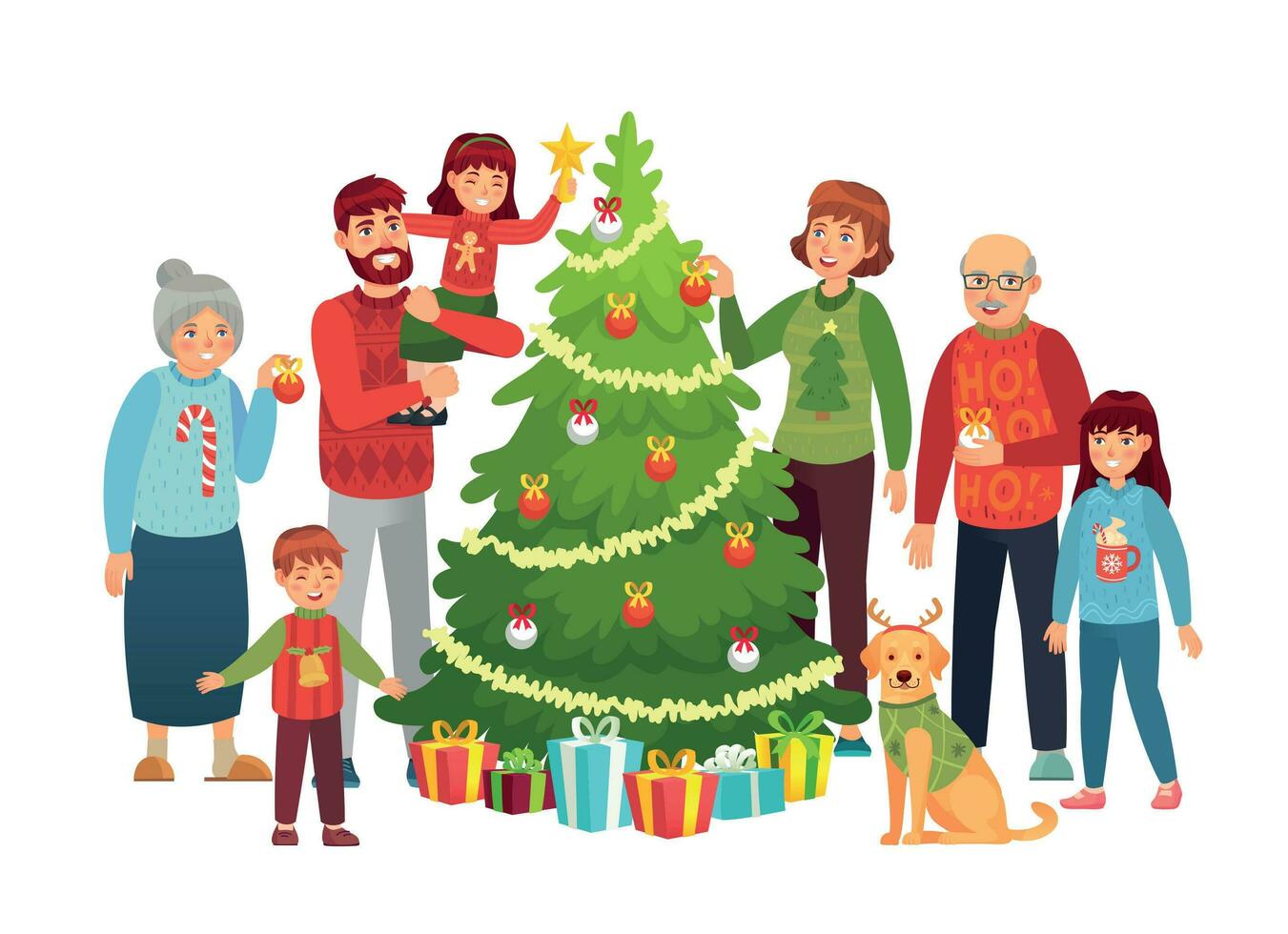 dibujos animados Navidad familia retrato. Navidad árbol decoraciones, contento personas y grande familia decorado Navidad árbol vector ilustración