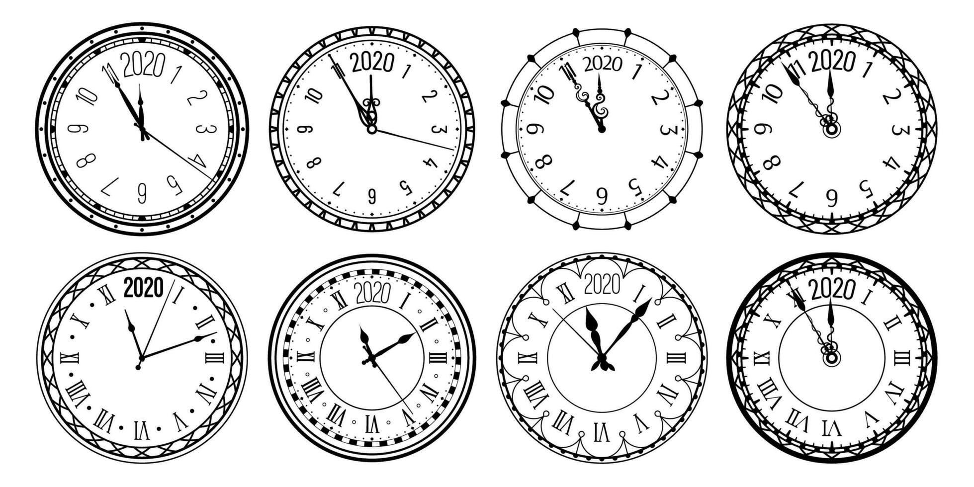 Round 2020 clock. New Year countdown watch face, vintage watches and clocks for christmas greeting card vector illustration set