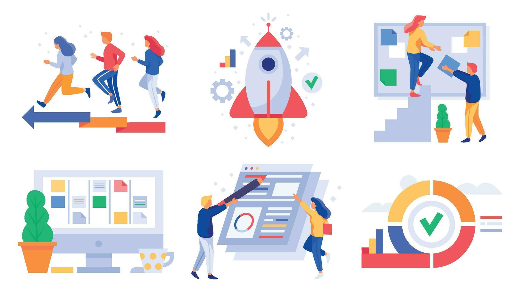 Kanban project management. Agile development, scrum board sprints and developing teamwork managements vector illustration set