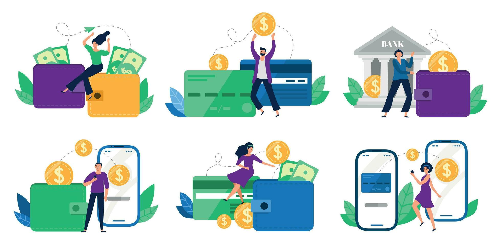 Money transfers. People sent money from wallet to bank card, mobile payments and financial transactions vector illustration set